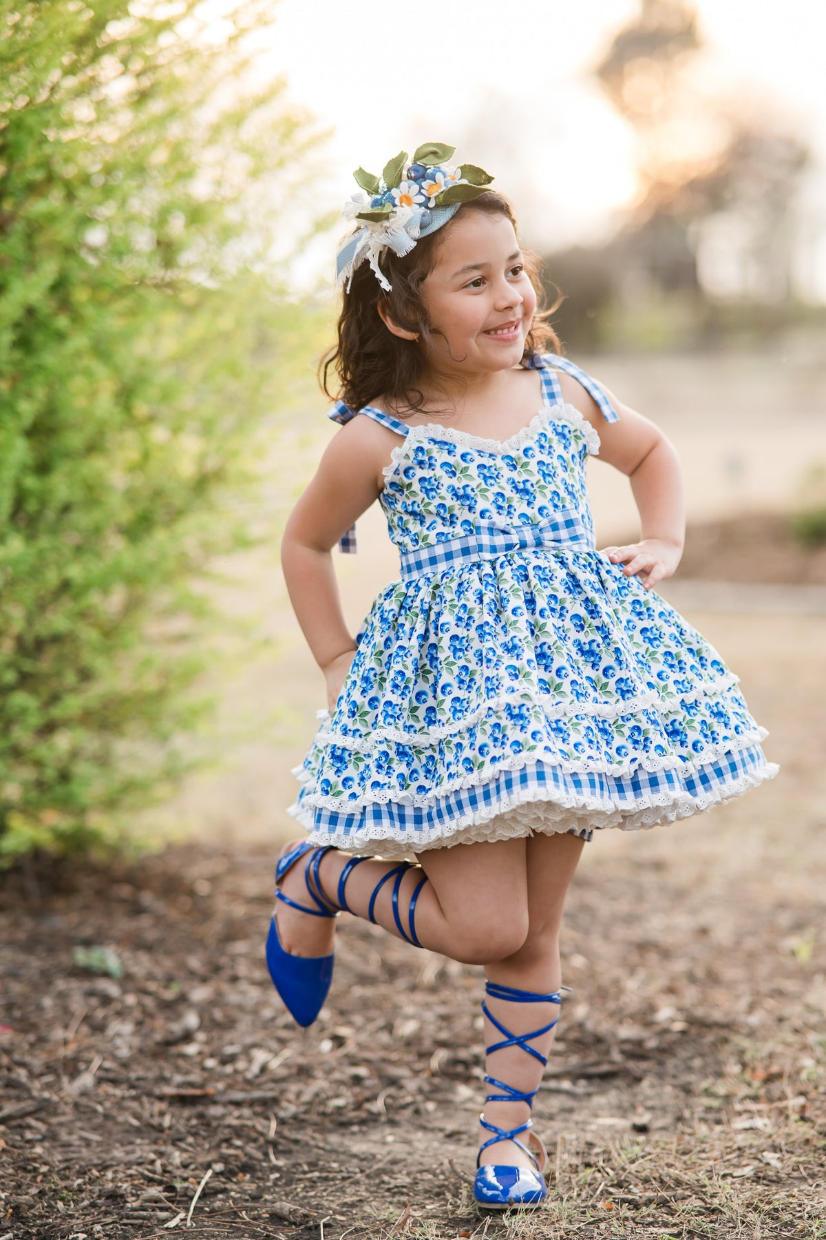 Blueberry Picnic Dress – Blueberry Print Vintage Inspired Cotton Boutique Girls Dress | Eyelet Lace Gingham Heirloom Style