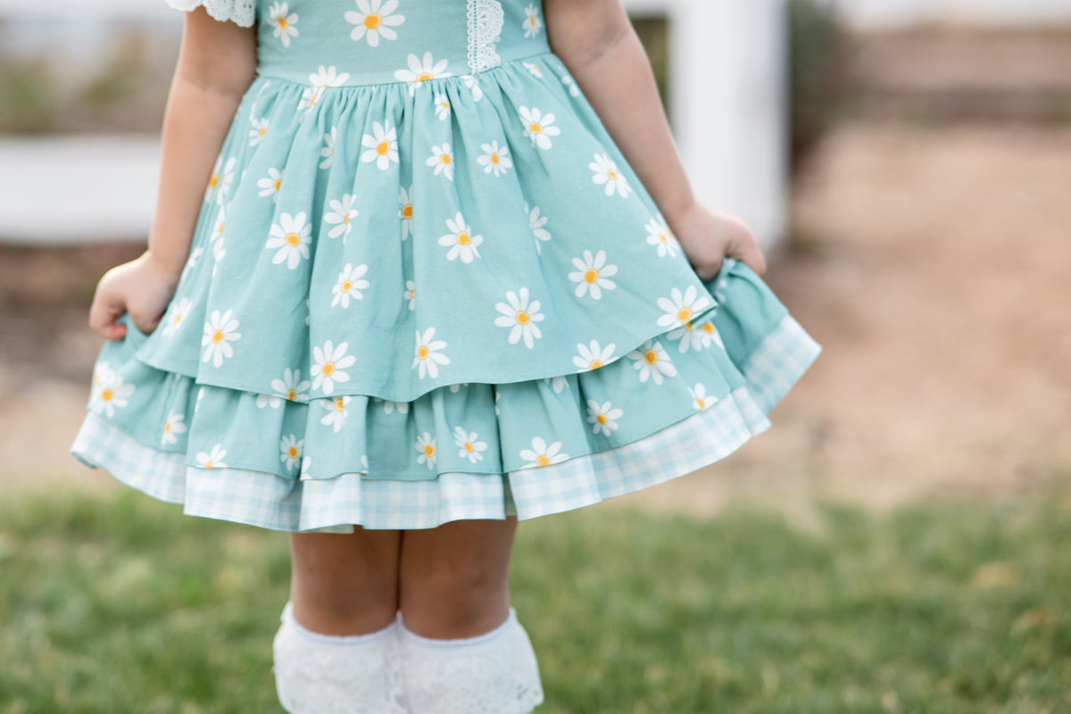 Daisy Afternoon Dress – Floral Print Vintage Inspired Cotton Boutique Girls Dress | Lace Ruffle Heirloom Style