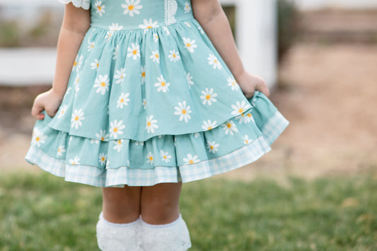 Daisy Afternoon Dress – Floral Print Vintage Inspired Cotton Boutique Girls Dress | Lace Ruffle Heirloom Style