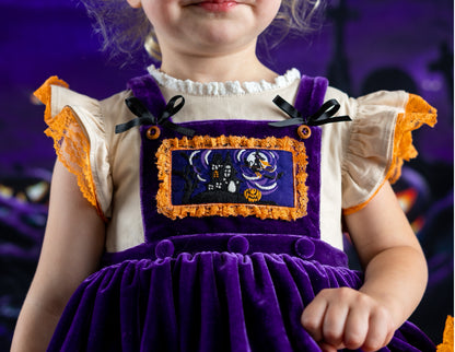 Robe de soirée spéciale Halloween en velours à volants et dentelle « Spooky Pumpkin Moonlight » pour filles – Robe brodée de boutique