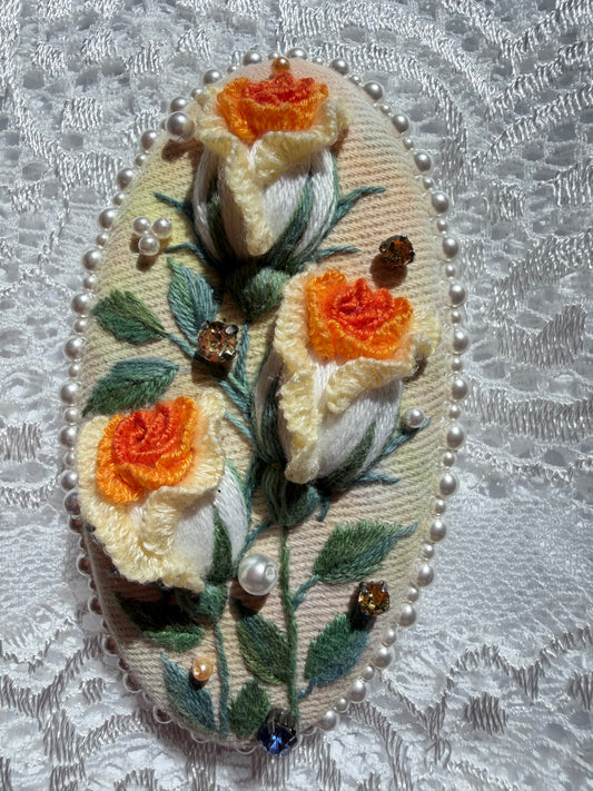 Hand-Embroidered 3D Rose Hair Clip — Soleil, Yellow & Orange