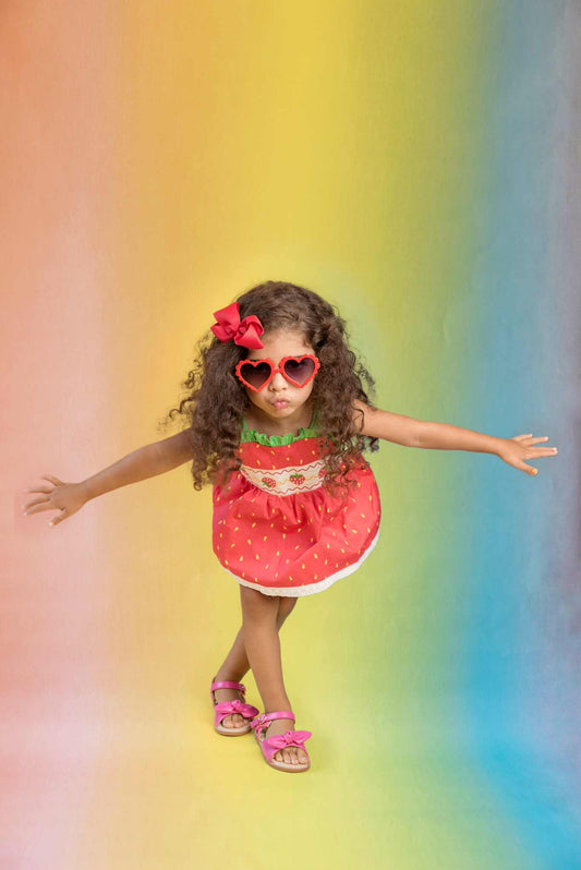 Strawberry Sweetness Set – Smocked Embroidered Cotton Boutique Girls Set | Strawberry Print Broderie Anglaise Summer Outfit