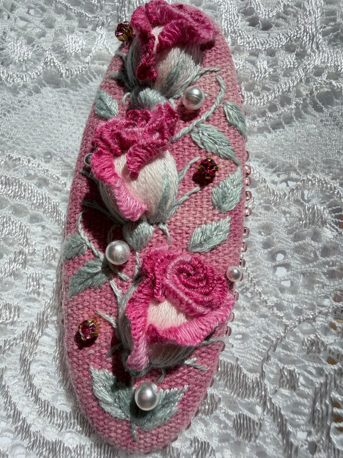 Hand-Embroidered 3D Rose Hair Clip — Framboise, Raspberry Pink