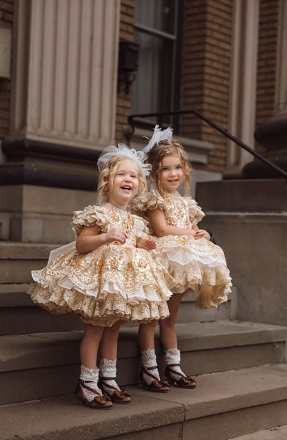 Golden Heiress Dress – Floral Appliqué Gold Lace Girls Dress | Organza Ruffle Heirloom Style