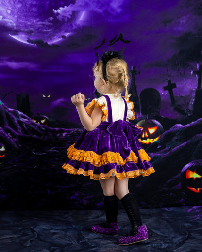 Robe de soirée spéciale Halloween en velours à volants et dentelle « Spooky Pumpkin Moonlight » pour filles – Robe brodée de boutique