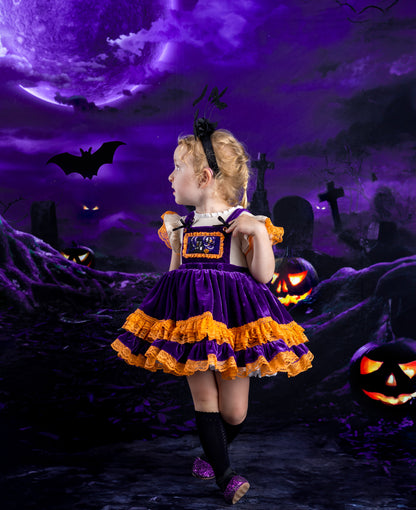 Robe de soirée spéciale Halloween en velours à volants et dentelle « Spooky Pumpkin Moonlight » pour filles – Robe brodée de boutique