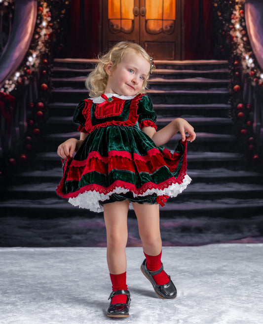 Velvet Noël Dress – Luxury Silk Velvet Boutique Girls Dress | Crochet Lace Pearl Button Holiday Heirloom Style (no collar included)