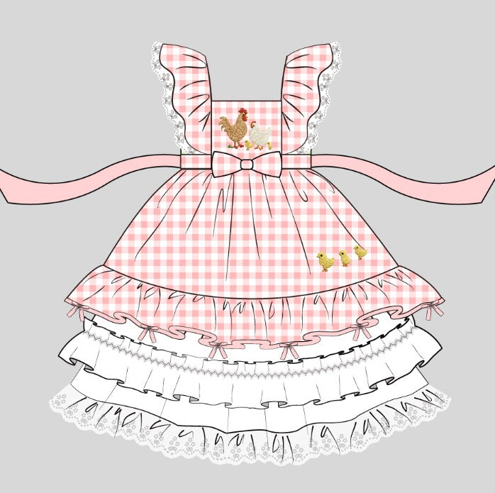 Emily's Little Farm Friends Dress in Pink – Hand Embroidered Vintage Inspired Cotton Boutique Girls Dress | Plaid Lace Ruffle Heirloom Style