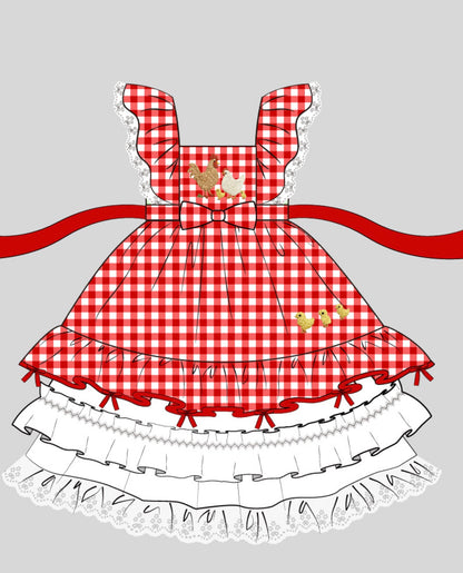Emily's Little Farm Friends Dress in Red – Hand Embroidered Vintage Inspired Cotton Boutique Girls Dress | Plaid Lace Ruffle Heirloom Style