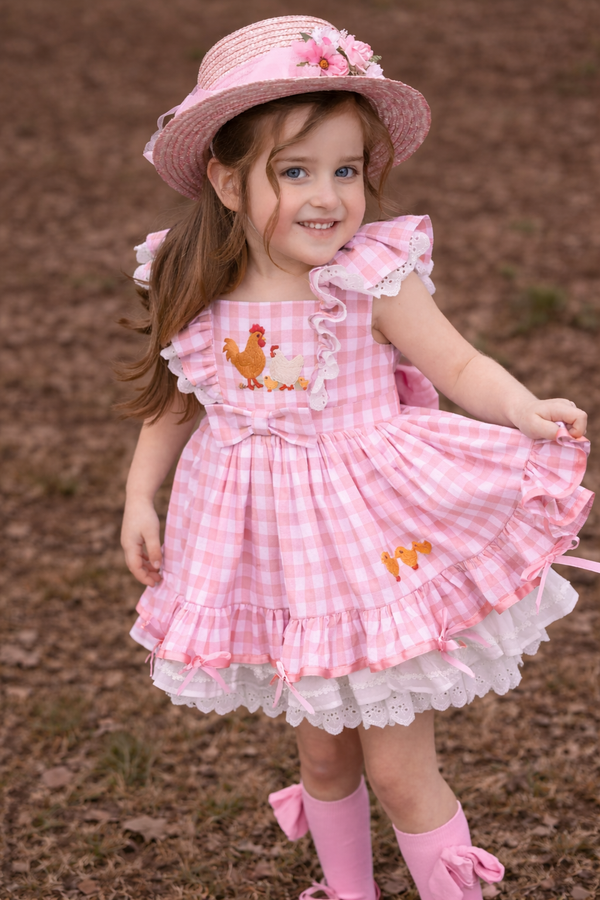 Emily's Little Farm Friends Dress in Pink – Hand Embroidered Vintage Inspired Cotton Boutique Girls Dress | Plaid Lace Ruffle Heirloom Style