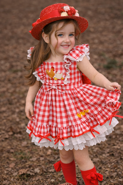 Emily's Little Farm Friends Dress in Red – Hand Embroidered Vintage Inspired Cotton Boutique Girls Dress | Plaid Lace Ruffle Heirloom Style
