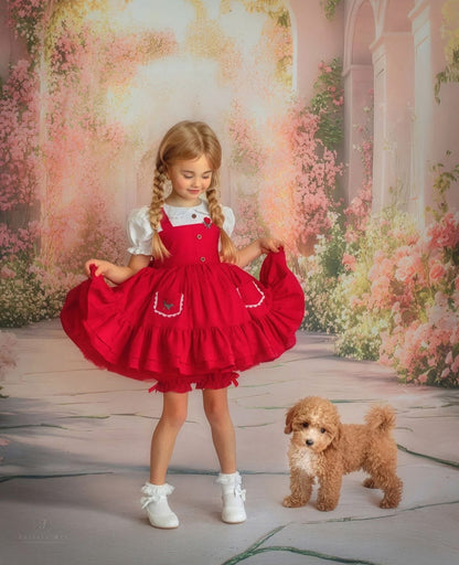 Little Red Majesty Dress – Hand Embroidered Vintage Inspired Boutique Girls Dress | Linen Cotton Swiss Dot Lace Heirloom Style