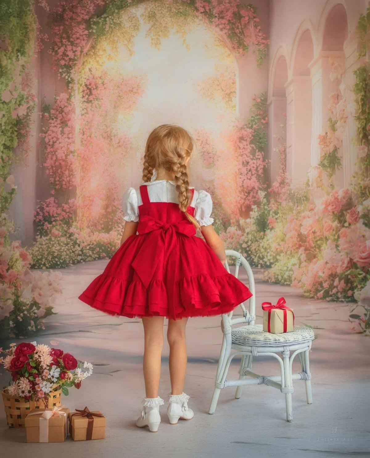 Little Red Majesty Dress – Hand Embroidered Vintage Inspired Boutique Girls Dress | Linen Cotton Swiss Dot Lace Heirloom Style