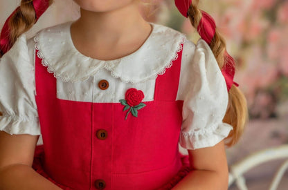 Little Red Majesty Dress – Hand Embroidered Vintage Inspired Boutique Girls Dress | Linen Cotton Swiss Dot Lace Heirloom Style