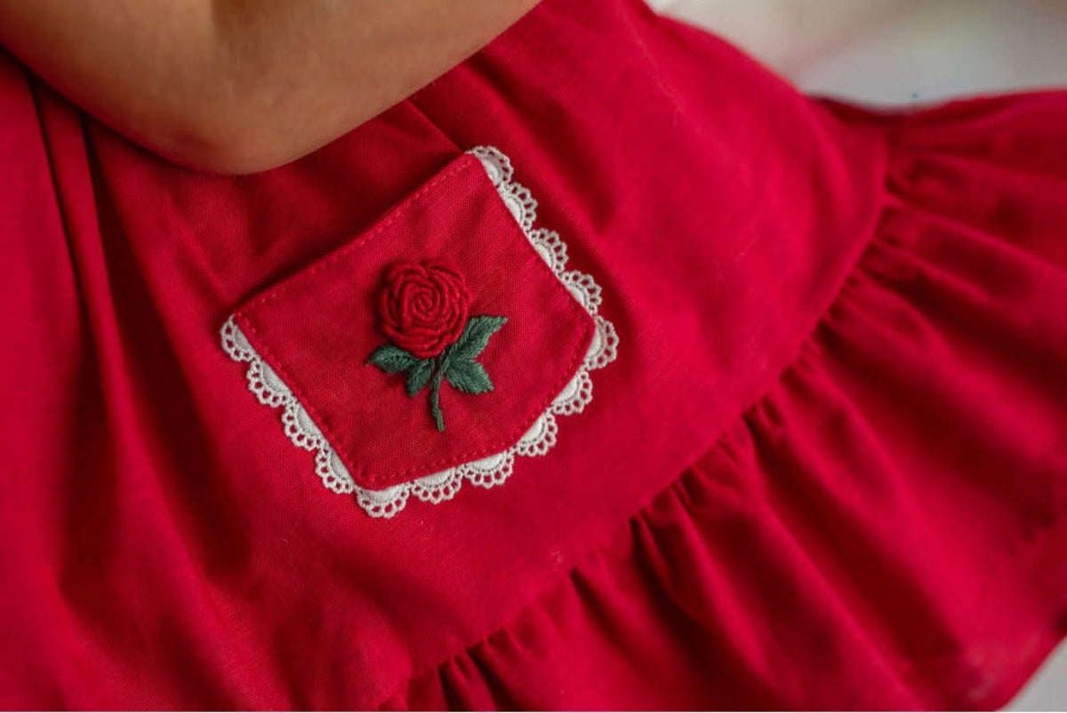 Little Red Majesty Dress – Hand Embroidered Vintage Inspired Boutique Girls Dress | Linen Cotton Swiss Dot Lace Heirloom Style