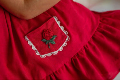 Little Red Majesty Dress – Hand Embroidered Vintage Inspired Boutique Girls Dress | Linen Cotton Swiss Dot Lace Heirloom Style