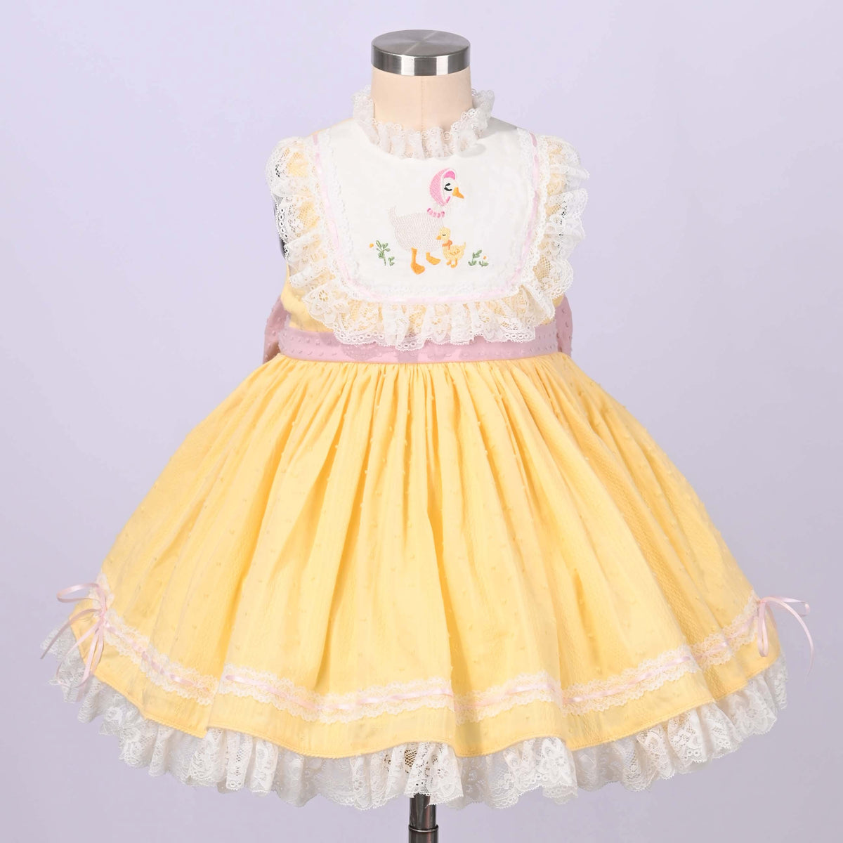 Mama Goose Spring Dress – Embroidered Vintage Inspired Cotton Boutique Girls Dress | Swiss Dot Lace Heirloom Style