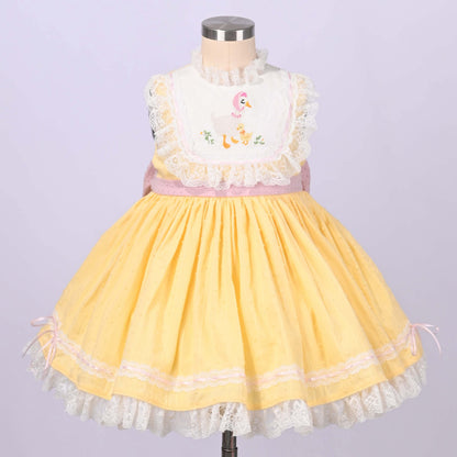 Mama Goose Spring Dress – Embroidered Vintage Inspired Cotton Boutique Girls Dress | Swiss Dot Lace Heirloom Style
