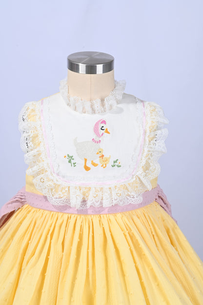 Mama Goose Spring Dress – Embroidered Vintage Inspired Cotton Boutique Girls Dress | Swiss Dot Lace Heirloom Style