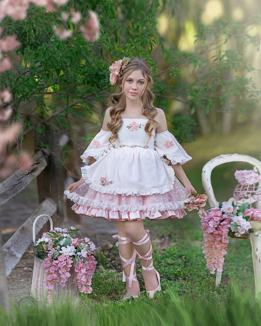 Sakura Whisper Dress – Hand Embroidered Jacquard Boutique Girls Dress | Vintage Inspired Lace Flutter Sleeve Heirloom Style