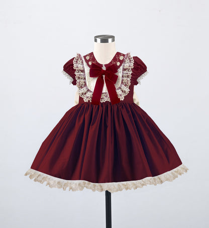 Robe Élégance Bourgogne – Robe de Fille Boutique d'Inspiration Vintage | Occasion Spéciale Style Héritage Dentelle Velours