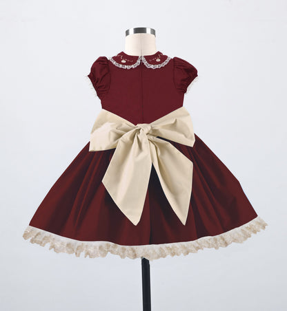 Robe Élégance Bourgogne – Robe de Fille Boutique d'Inspiration Vintage | Occasion Spéciale Style Héritage Dentelle Velours