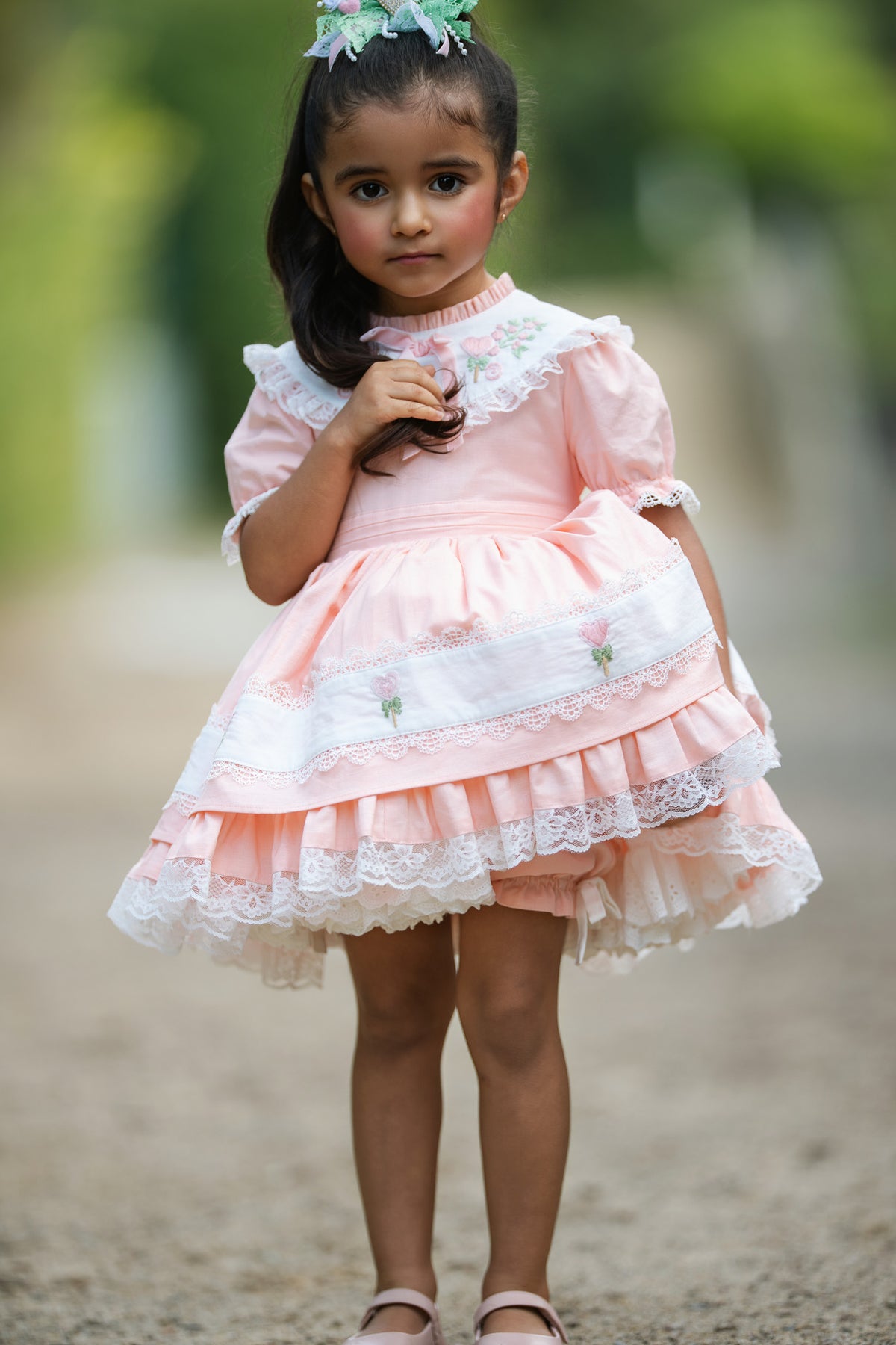 Sweet Aurora Dress – Hand Embroidered Vintage Inspired Boutique Girls Dress | Linen Cotton Eyelet Lace Heirloom Style