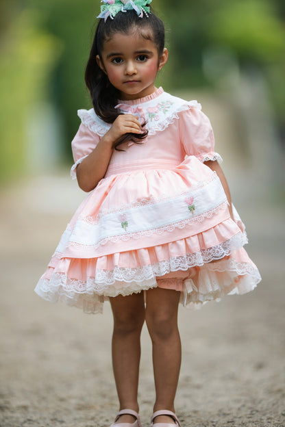 Sweet Aurora Dress – Hand Embroidered Vintage Inspired Boutique Girls Dress | Linen Cotton Eyelet Lace Heirloom Style
