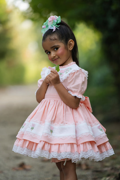 Sweet Aurora Dress – Hand Embroidered Vintage Inspired Boutique Girls Dress | Linen Cotton Eyelet Lace Heirloom Style