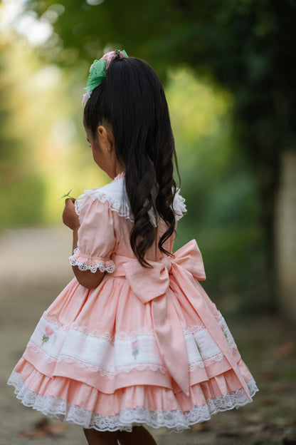 Sweet Aurora Dress – Hand Embroidered Vintage Inspired Boutique Girls Dress | Linen Cotton Eyelet Lace Heirloom Style
