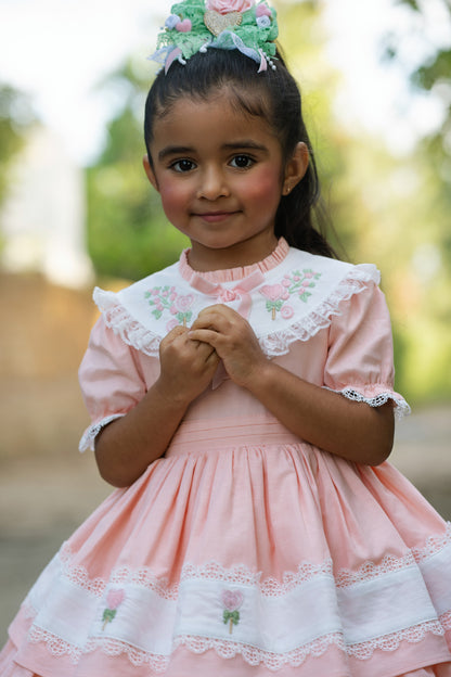 Sweet Aurora Dress – Hand Embroidered Vintage Inspired Boutique Girls Dress | Linen Cotton Eyelet Lace Heirloom Style