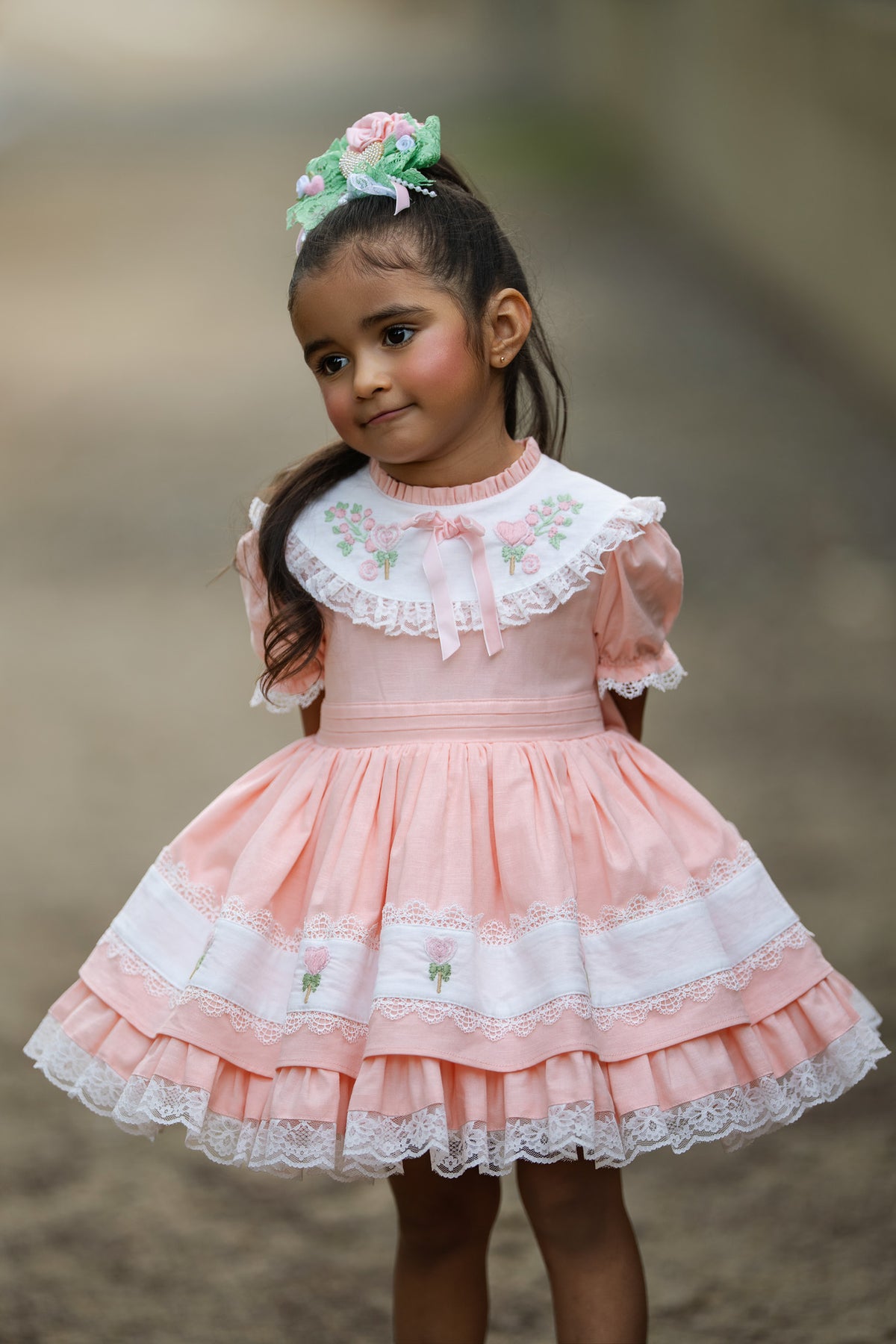 Sweet Aurora Dress – Hand Embroidered Vintage Inspired Boutique Girls Dress | Linen Cotton Eyelet Lace Heirloom Style