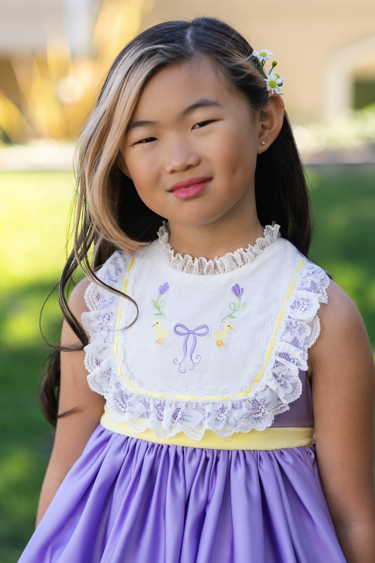 Duckling's Lavender Day Dress – Embroidered Boutique Girls Dress | Duckling Print Lace Heirloom Style Spring Dress