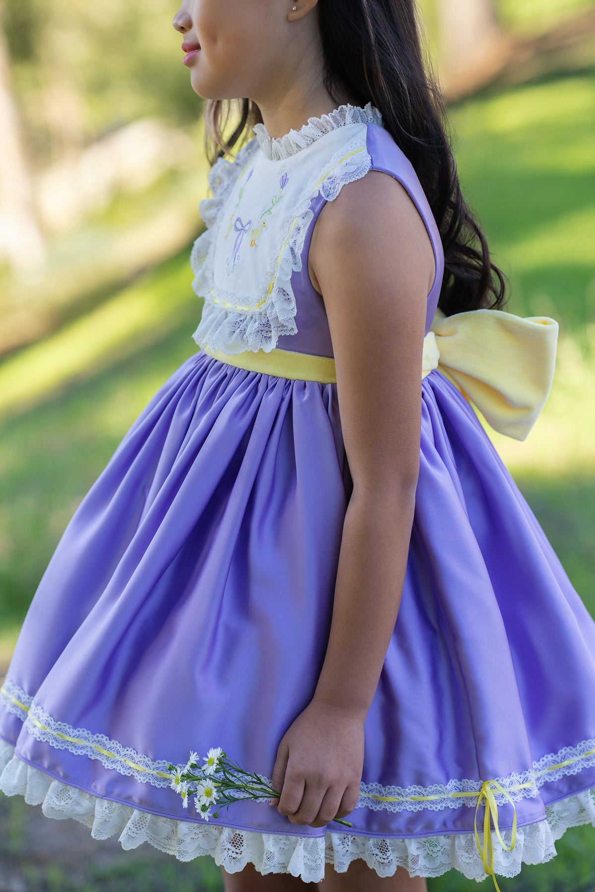 Duckling's Lavender Day Dress – Embroidered Boutique Girls Dress | Duckling Print Lace Heirloom Style Spring Dress