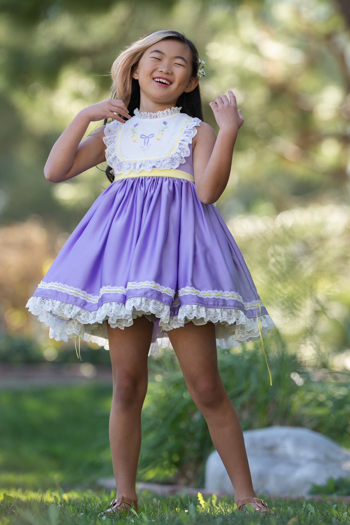 Duckling's Lavender Day Dress – Embroidered Boutique Girls Dress | Duckling Print Lace Heirloom Style Spring Dress