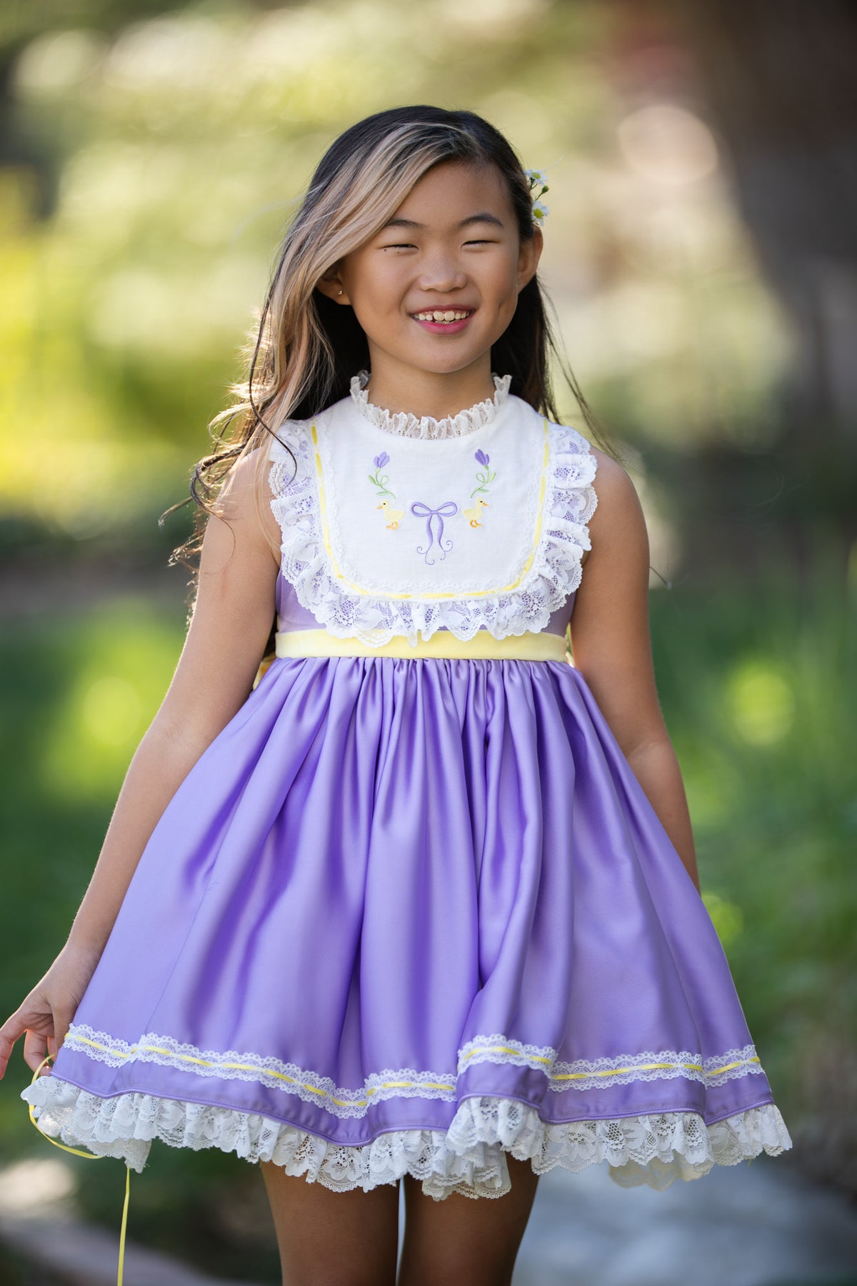 Duckling's Lavender Day Dress – Embroidered Boutique Girls Dress | Duckling Print Lace Heirloom Style Spring Dress