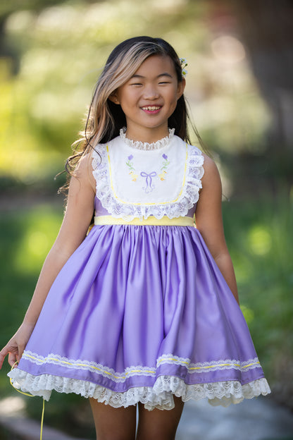 Duckling's Lavender Day Dress – Embroidered Boutique Girls Dress | Duckling Print Lace Heirloom Style Spring Dress