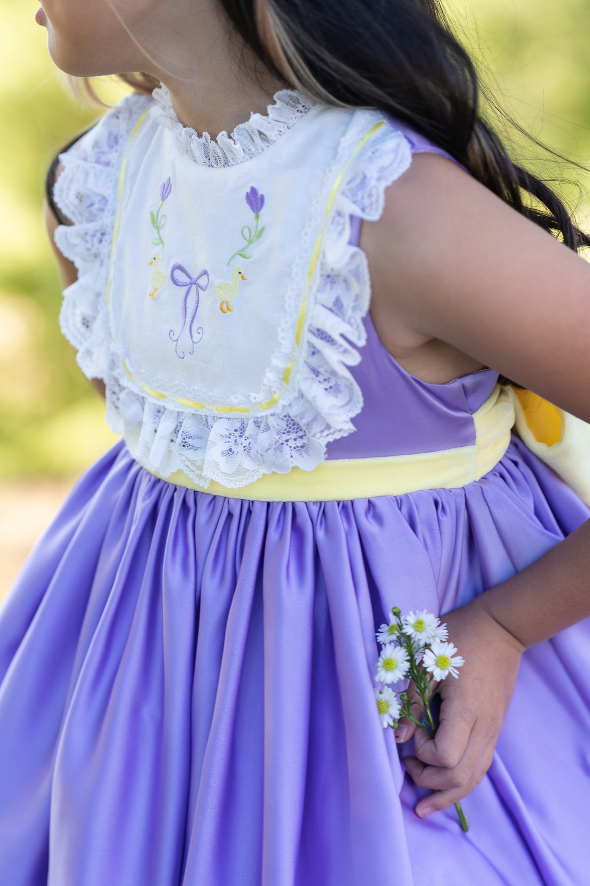 Duckling's Lavender Day Dress – Embroidered Boutique Girls Dress | Duckling Print Lace Heirloom Style Spring Dress