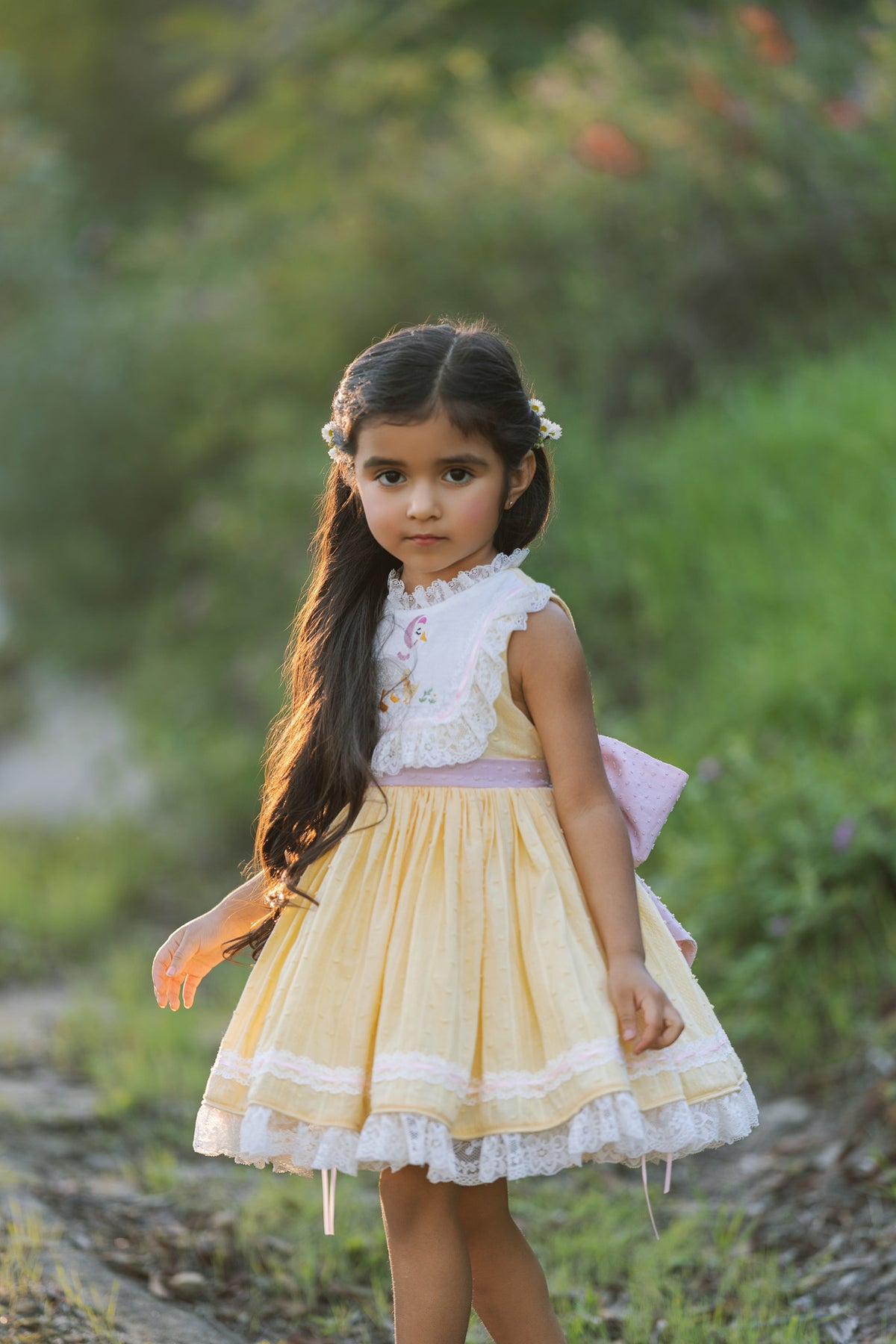 Mama Goose Spring Dress – Embroidered Vintage Inspired Cotton Boutique Girls Dress | Swiss Dot Lace Heirloom Style