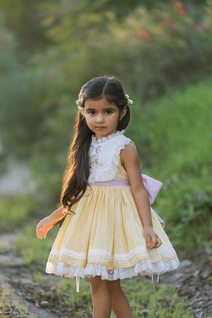 Mama Goose Spring Dress – Embroidered Vintage Inspired Cotton Boutique Girls Dress | Swiss Dot Lace Heirloom Style