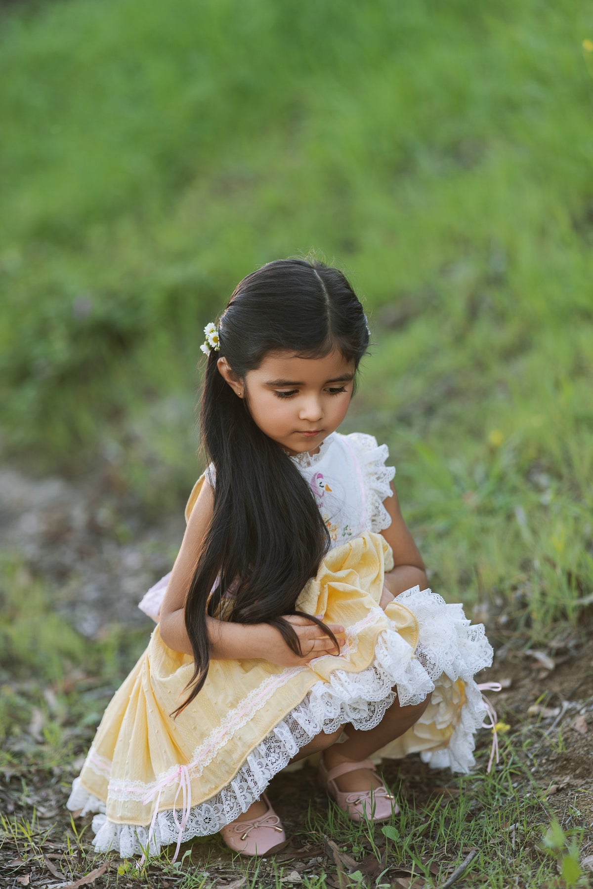 Mama Goose Spring Dress – Embroidered Vintage Inspired Cotton Boutique Girls Dress | Swiss Dot Lace Heirloom Style