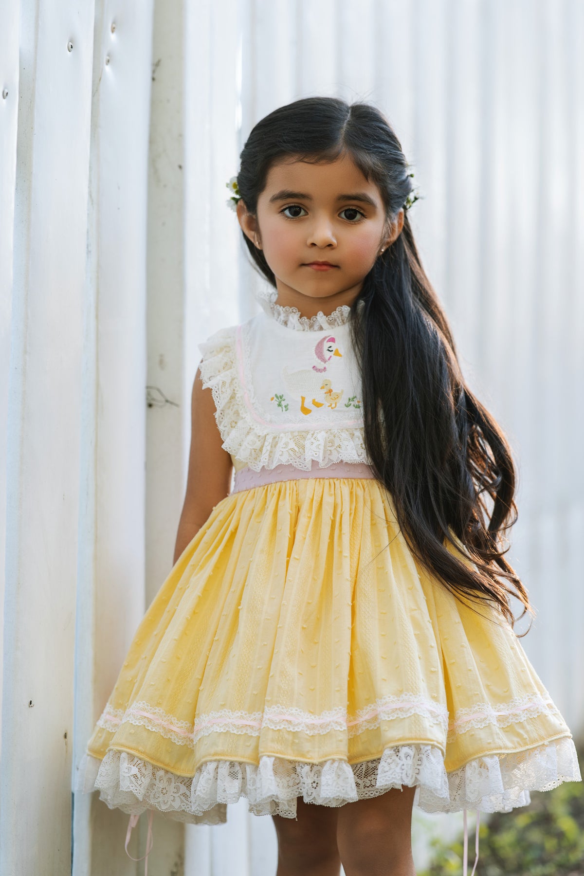 Mama Goose Spring Dress – Embroidered Vintage Inspired Cotton Boutique Girls Dress | Swiss Dot Lace Heirloom Style