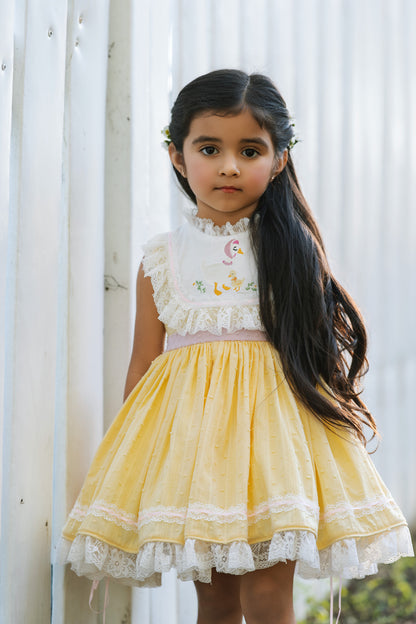 Mama Goose Spring Dress – Embroidered Vintage Inspired Cotton Boutique Girls Dress | Swiss Dot Lace Heirloom Style