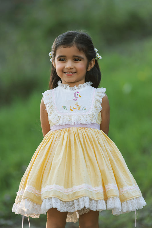 Mama Goose Spring Dress – Embroidered Vintage Inspired Cotton Boutique Girls Dress | Swiss Dot Lace Heirloom Style
