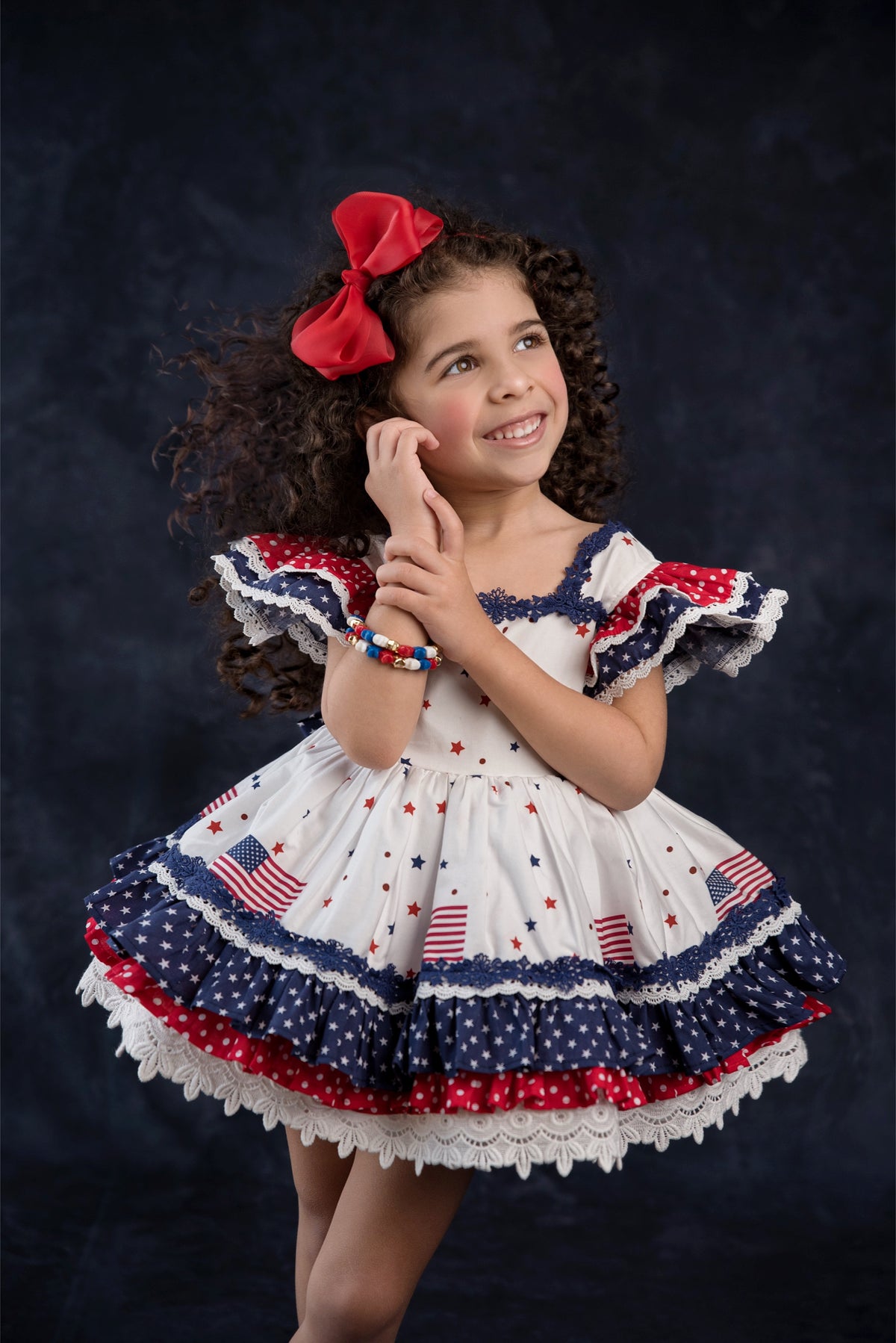 América, The Beautiful – Patriotic Print Vintage Inspired Cotton Boutique Girls Dress | Lace Crochet 4th of July Heirloom Style