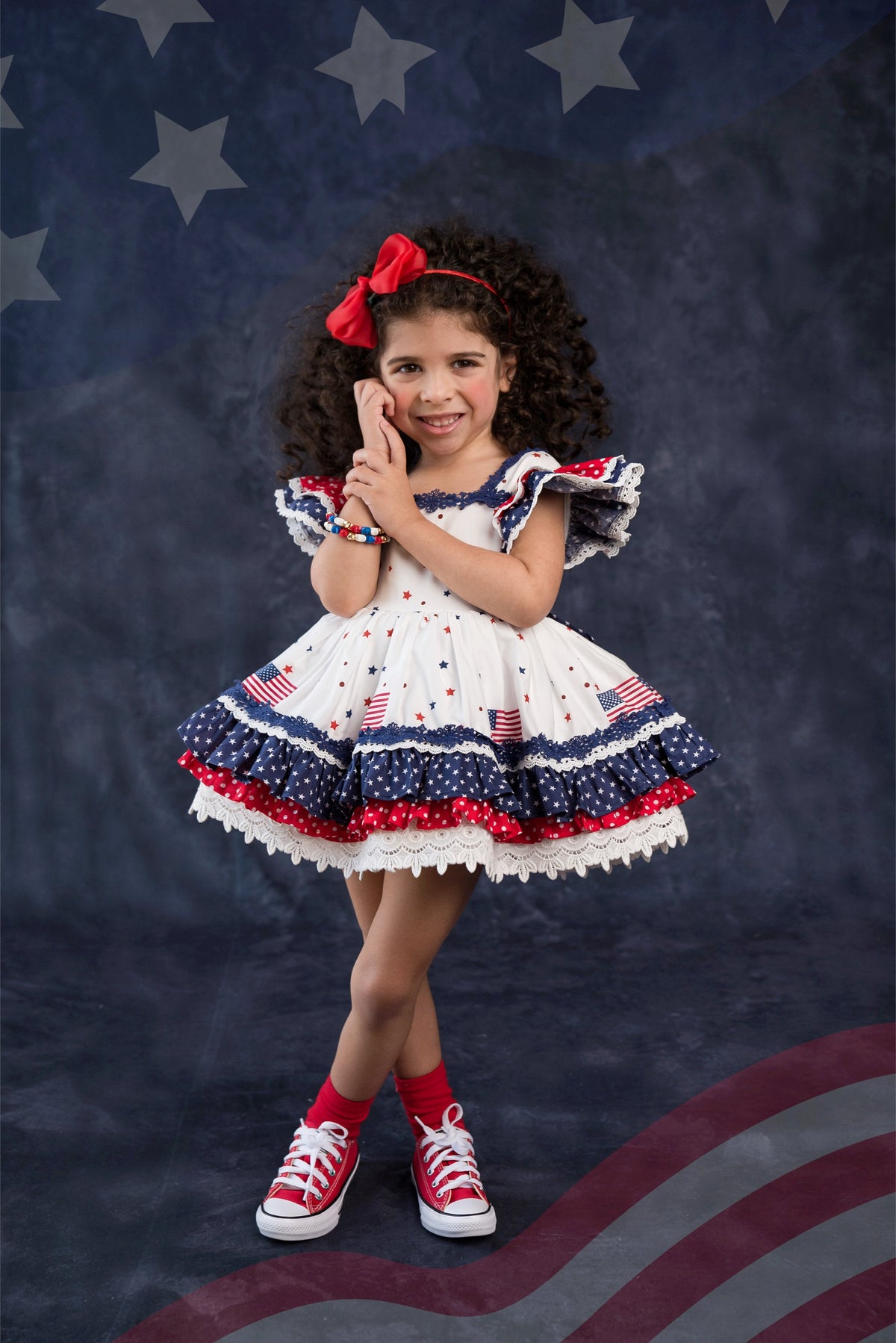 América, The Beautiful – Patriotic Print Vintage Inspired Cotton Boutique Girls Dress | Lace Crochet 4th of July Heirloom Style
