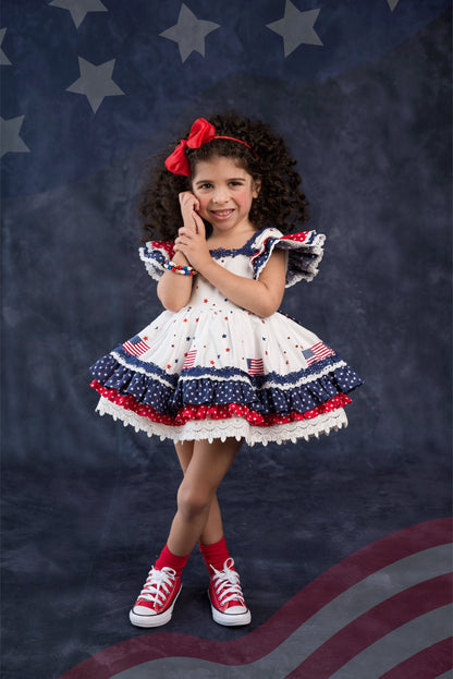 América, The Beautiful – Patriotic Print Vintage Inspired Cotton Boutique Girls Dress | Lace Crochet 4th of July Heirloom Style