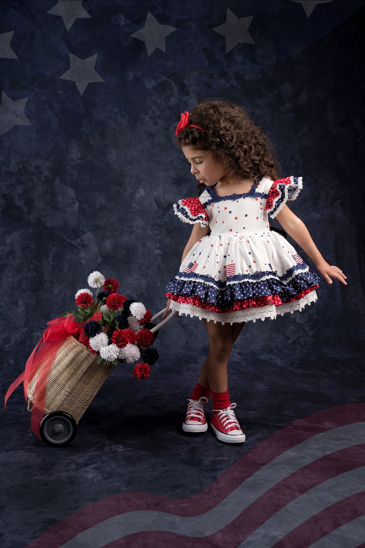 América, The Beautiful – Patriotic Print Vintage Inspired Cotton Boutique Girls Dress | Lace Crochet 4th of July Heirloom Style