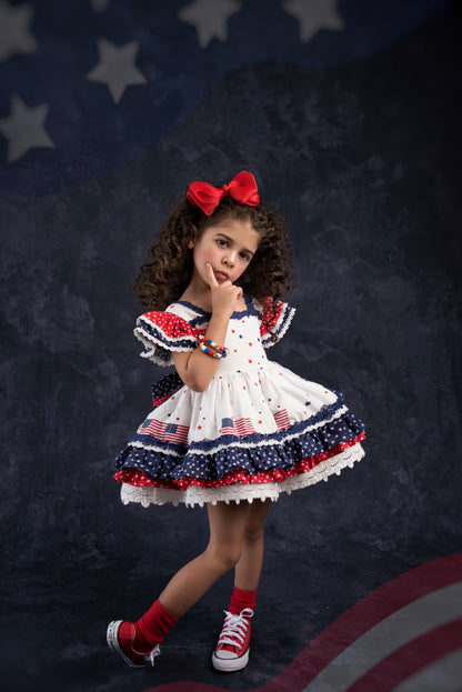 América, The Beautiful – Patriotic Print Vintage Inspired Cotton Boutique Girls Dress | Lace Crochet 4th of July Heirloom Style