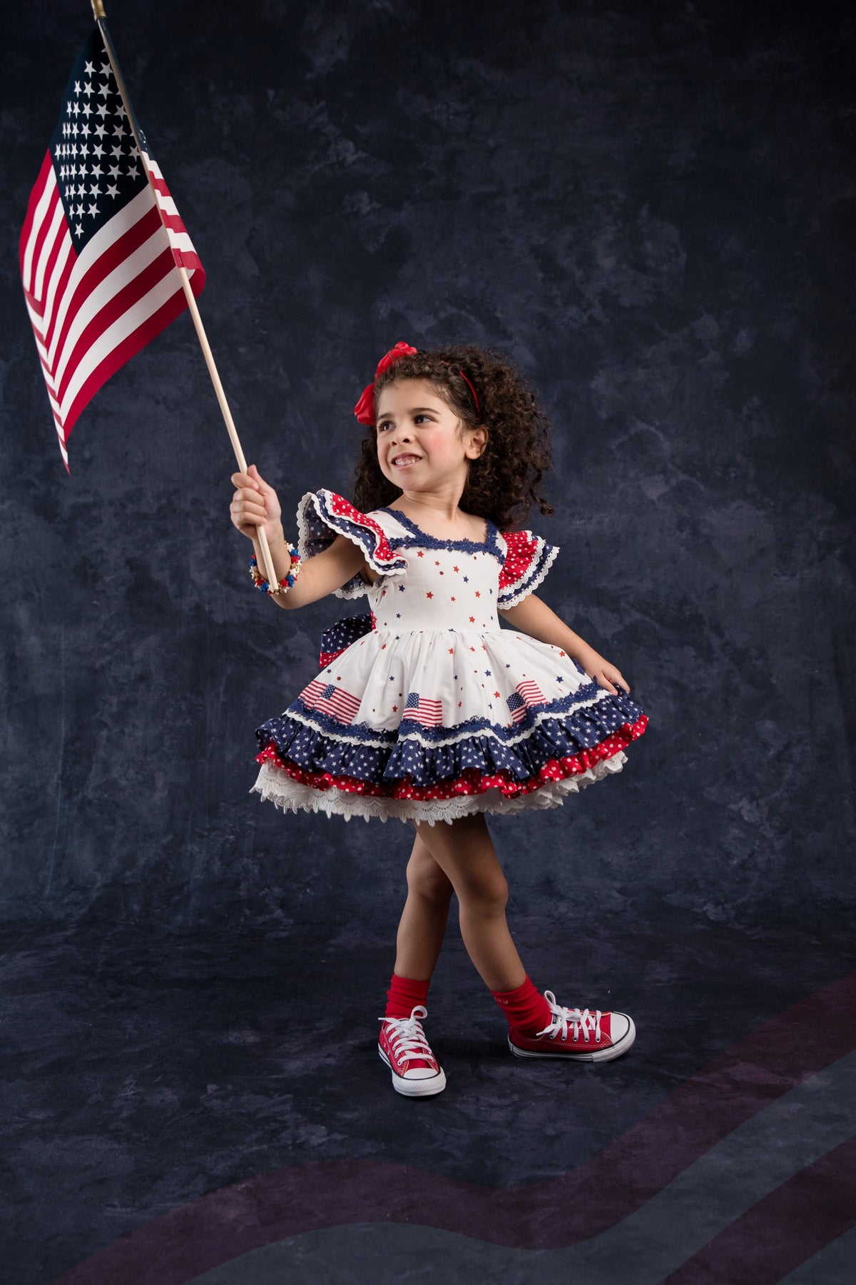 América, The Beautiful – Patriotic Print Vintage Inspired Cotton Boutique Girls Dress | Lace Crochet 4th of July Heirloom Style